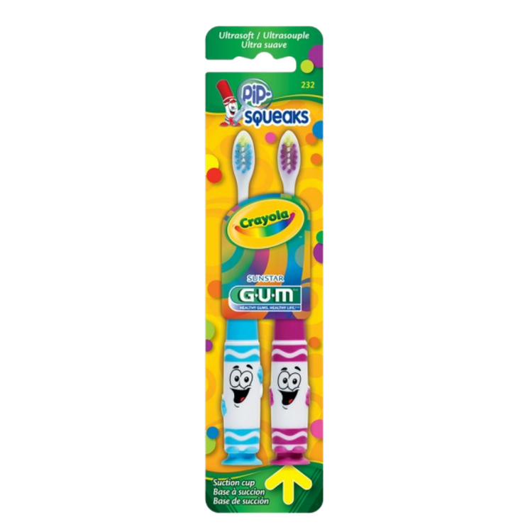 GUM Crayola Twin Pack toothbrushes with colorful handles for children, featuring fun Crayola-inspired designs, suitable for kids&