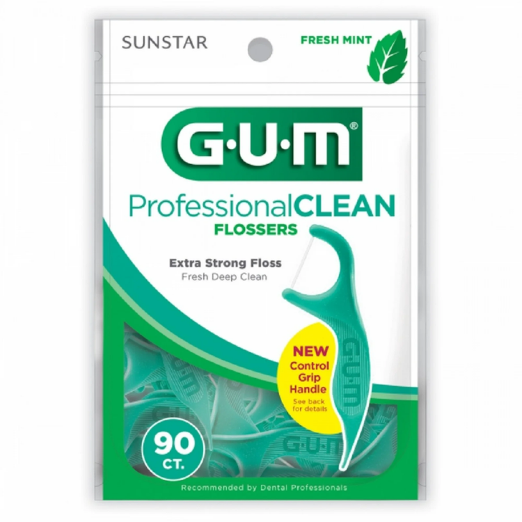 Sunstar Gum Professional Clean Flossers in mint, 90 count, oral care product with a box of flossers shown in the image.