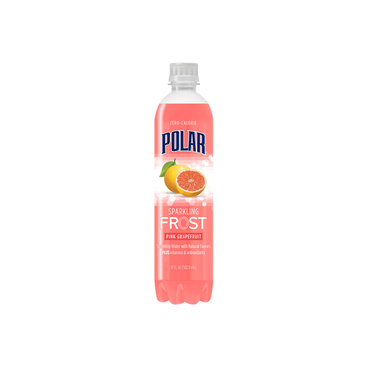 Polar Frost Pink Grapefruit sparkling water in a 16oz can from Farmacias Savia, with vibrant pink grapefruit graphics on the label.