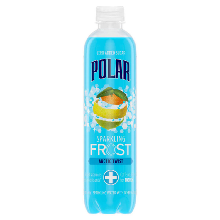 Polar Frost Arctic Twist sparkling water 16oz bottle from Farmacias Savia, with colorful label and clear liquid inside.