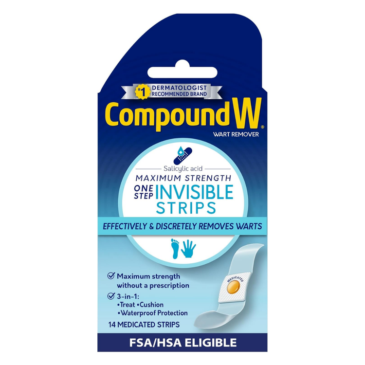 Compound W Invisible Wart Remover Strips in a 14-count package from Farmacias Savia, with clear strips for wart treatment.