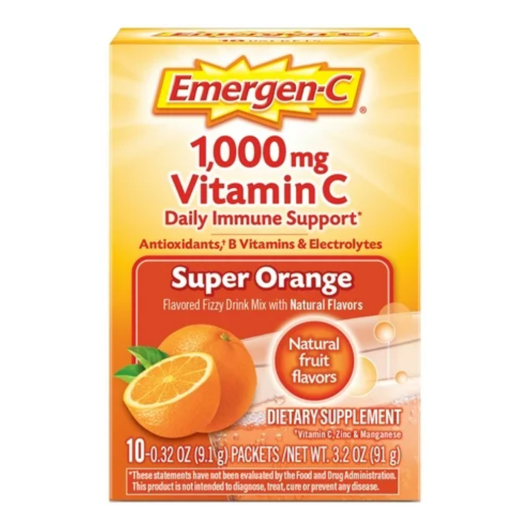 Emergen-C Vitamin C daily immune support supplement super orange flavor, 1000mg, 10 count in colorful packaging.