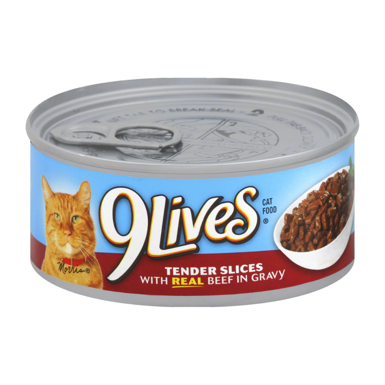 Canned 9Lives Hearty Cuts Wet Cat Food with real beef and chicken in gravy, 5.5 oz, featuring colorful packaging and slices of meat.