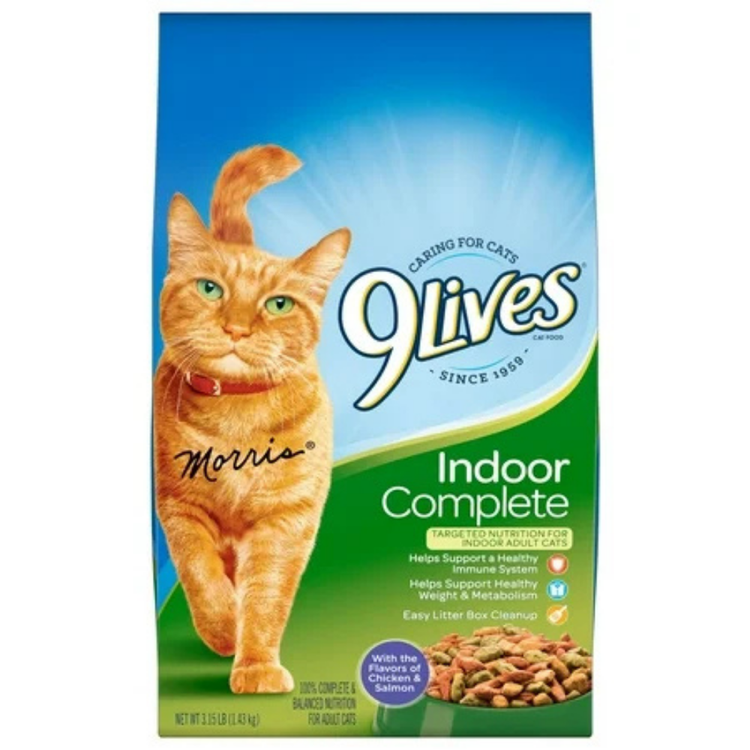 9Lives Indoor Complete cat food, 3 pack, 3.15 lbs each, high-quality nutrition for indoor cats by Farmacias Savia.