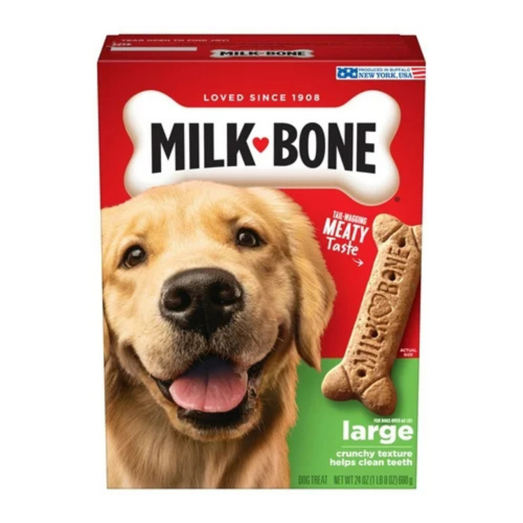 Large Milk-Bone Original Dog Biscuits in a 24oz bag, crunchy treats for dogs, from Farmacias Savia.