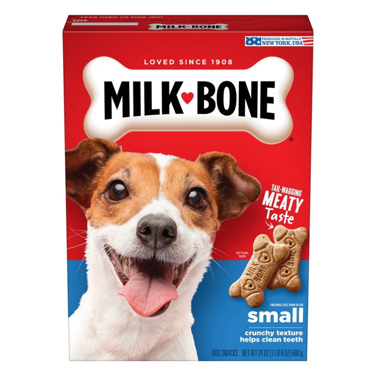 Small Milk-Bone dog biscuits in a 24oz bag, made for small dogs, from Farmacias Savia, ideal as a nutritious snack for pets.