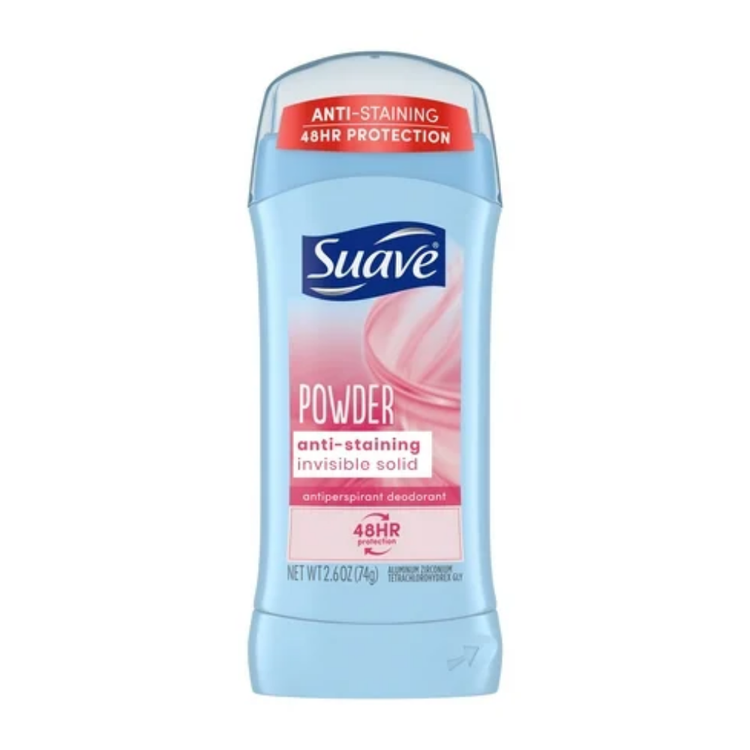 Suave Invisible Solid Antiperspirant Deodorant Powder in 2.6 oz container, designed for effective odor and sweat protection.