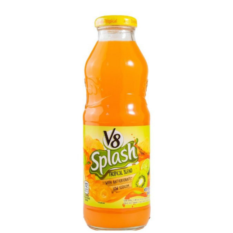 V8 Splash Tropical Blend juice beverage in a 16oz bottle with colorful label, tropical fruit images, and farmacias Savia branding