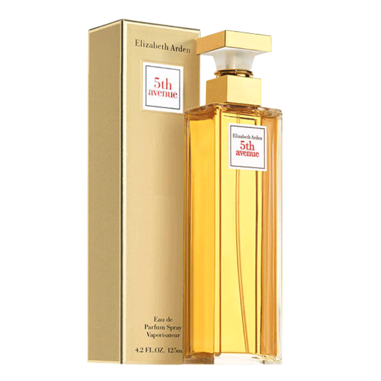 Elizabeth Arden 5th Avenue Eau de Parfum for women in a 4.2oz bottle, featuring elegant perfume packaging and design.