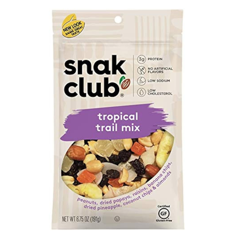 La Comprita Snack Club Tropical Trail Mix by Farmacias Savia, 2.75oz, featuring colorful dried fruits and nuts in a vibrant mix.
