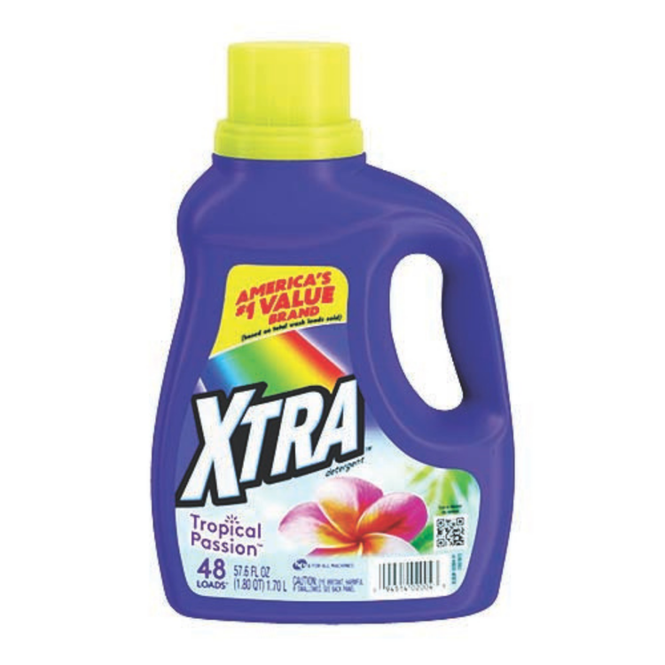 XTRA Tropical Passion liquid laundry detergent in a 57.6oz bottle, featuring vibrant tropical fruit imagery and bright packaging.