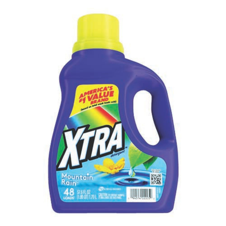 XTRA Mountain Rain liquid laundry detergent in a 57.6oz bottle, featuring a green and blue mountain rain label.