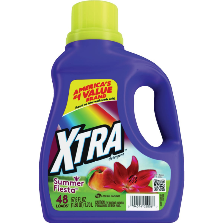 XTRA Summer Fiesta liquid laundry detergent bottle in 57.6oz size, bright packaging, used for cleaning clothes effectively.