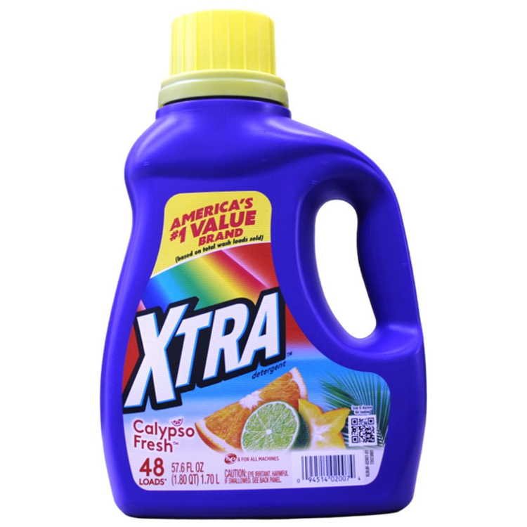 XTRA Calypso Fresh Liquid Laundry Detergent 57.6oz bottle for cleaning clothes, in a clear plastic container with a colorful label.