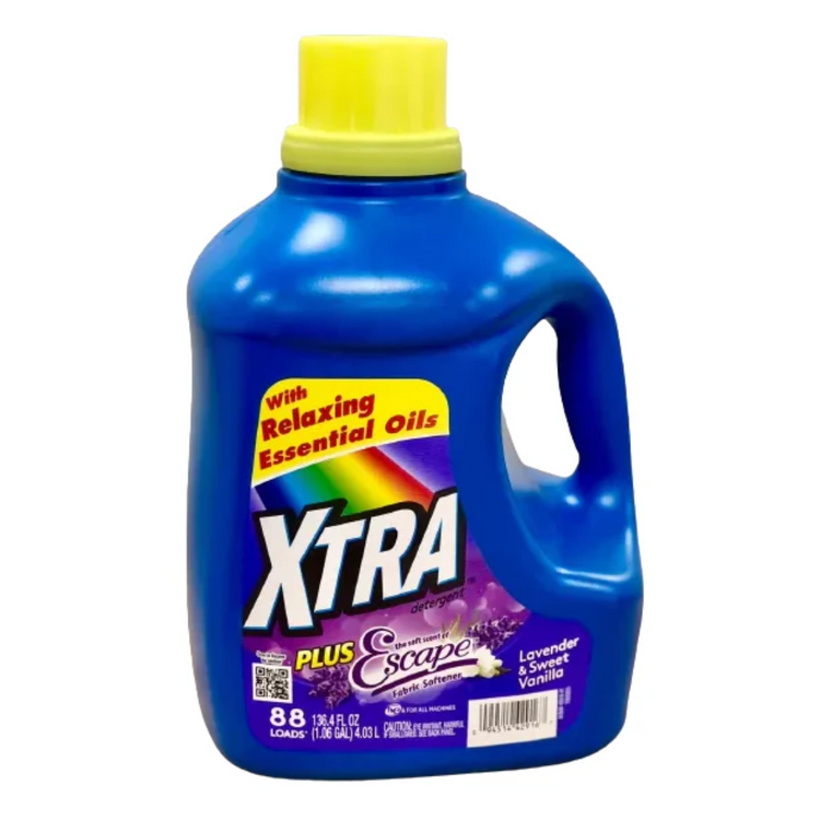 XTRA Plus Escape Soft Scent laundry detergent in 136.4oz bottle, designed for effective clothing cleaning with a soft fragrance.