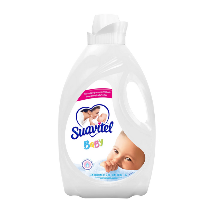 Suavitel Baby liquid fabric softener in 64 oz bottle, gentle detergent for baby clothes, Farmacias Savia brand.