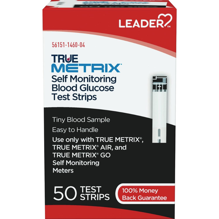 Leader True Metrix blood glucose test strips in a box, designed for self-monitoring blood sugar levels, by Farmacias Savia.