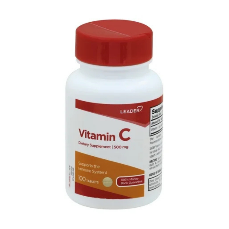 Leader Vitamin C 500 mg supplement bottle with 100 tablets, natural vitamin supplement from Farmacias Savia.