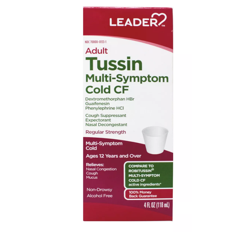 Farmacias Savia Leader Adult Tussin Multi-Symptom Cold CF regular strength anticatarrales in 4 oz bottle showing label and packaging