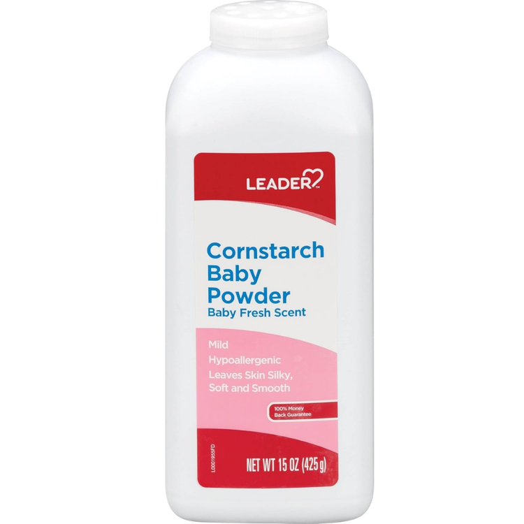 Farmacias Savia Leader cornstarch baby powder in a 15oz container, creamy talc product for gentle skin care.