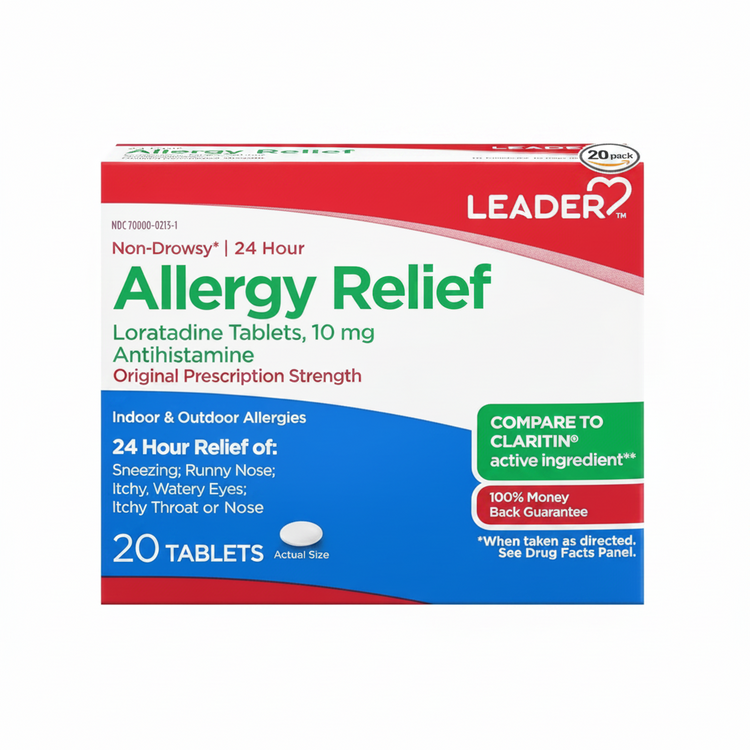 Box of Leader 24 Hour Allergy Relief Loratadine 10mg tablets for allergy relief, showing the packaging and blister pack.