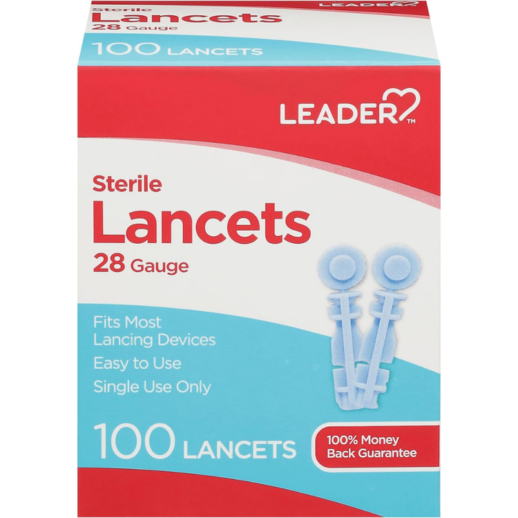 Farmacias Savia 28 gauge Leader Lancets for blood sampling, shown in a pack of 100 medical lancets for testing.