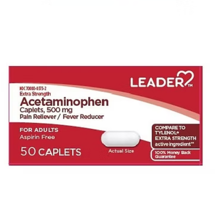 Box of Farmacias Savia Leader Acetaminophen pain reliever and fever reducer capsules, 500mg, 50 count.