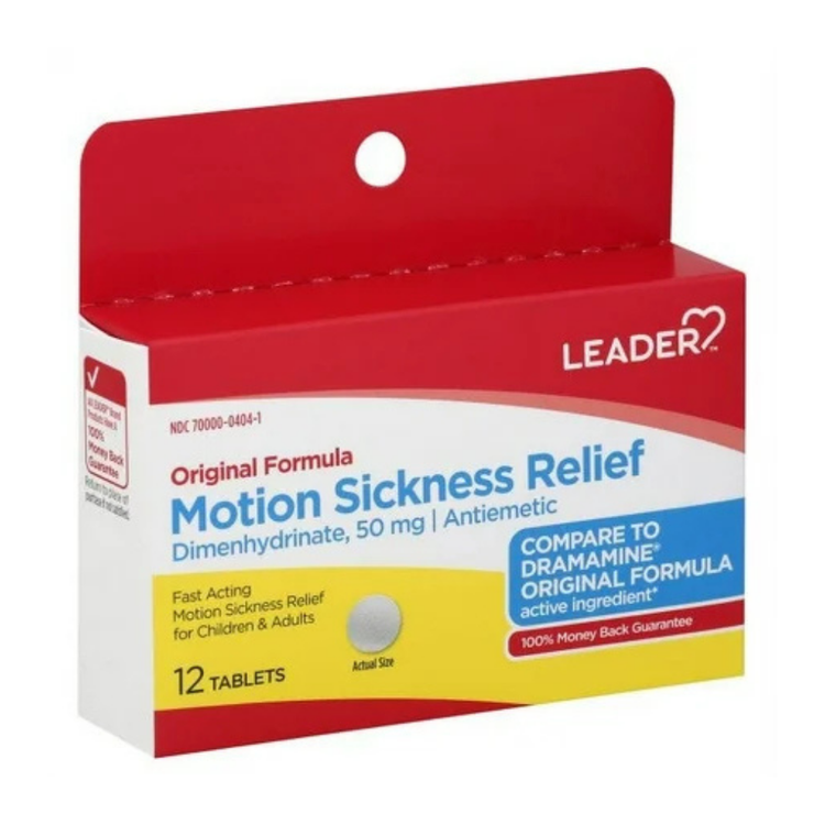 Leader Motion Sickness Relief Tablets box showing 12 chewable tablets, supplement for nausea relief from Farmacias Savia.