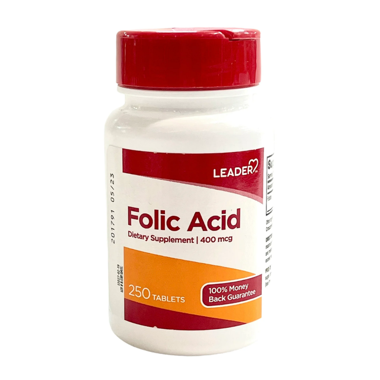 Leader Folic Acid supplement bottle with 20 tablets, 400mcg dosage, in a clear container labeled for vitamins and supplements.