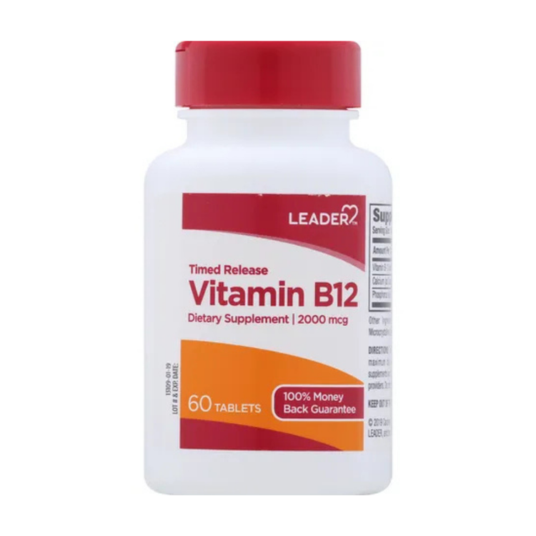 Leader Timed Release Vitamin B12 supplement bottle with 60 tablets, 2000 mcg, from Farmacias Savia in a clear container.