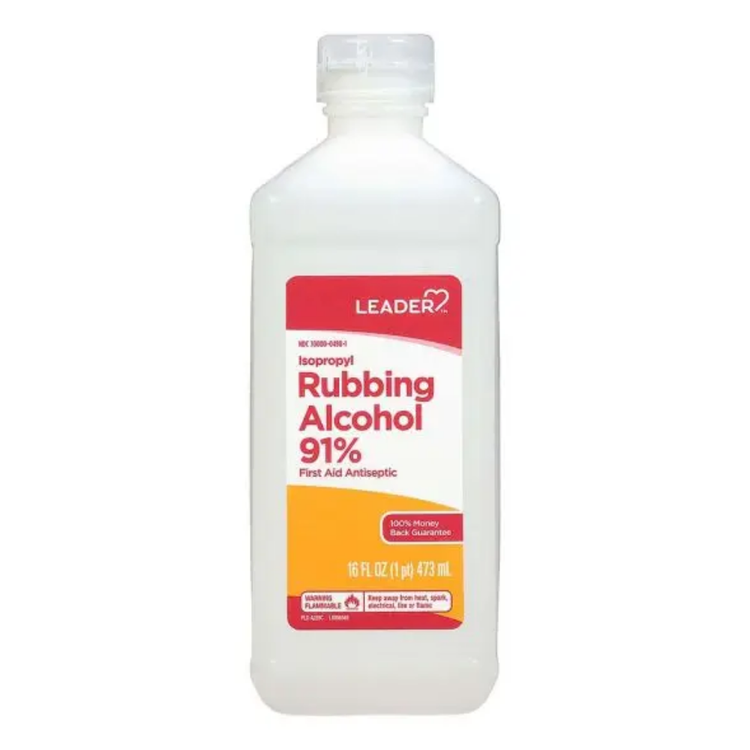 Leader Rubbing Isopropyl Alcohol 91% in a 16oz bottle, used for first aid and disinfecting, from Farmacias Savia.