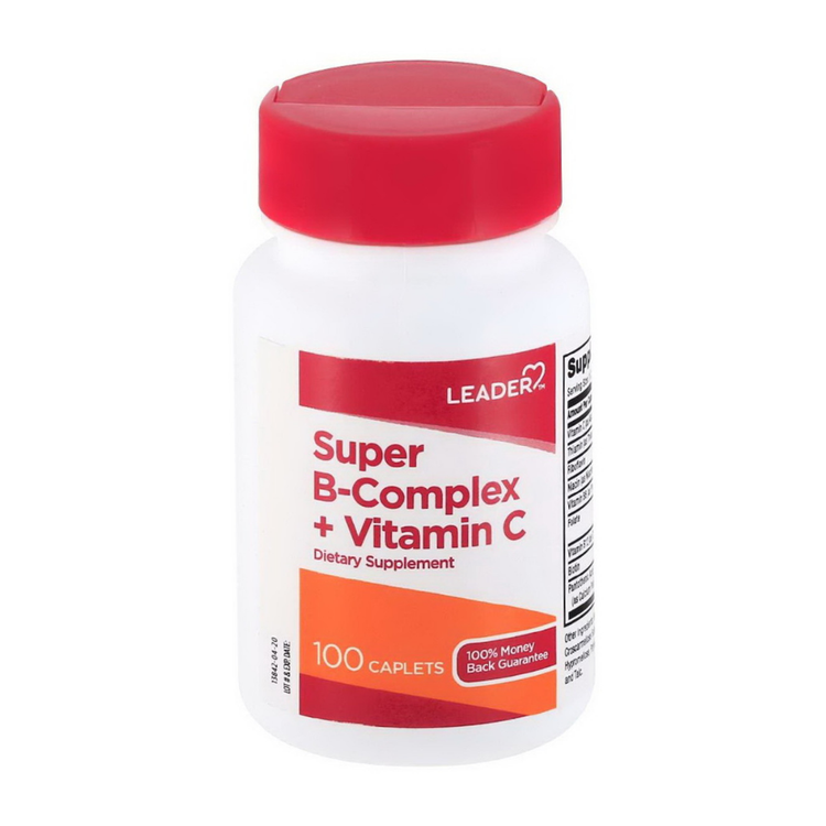 Leader Super B-Complex with Vitamin C supplement in a bottle, containing 100 tablets, from Farmacias Savia.