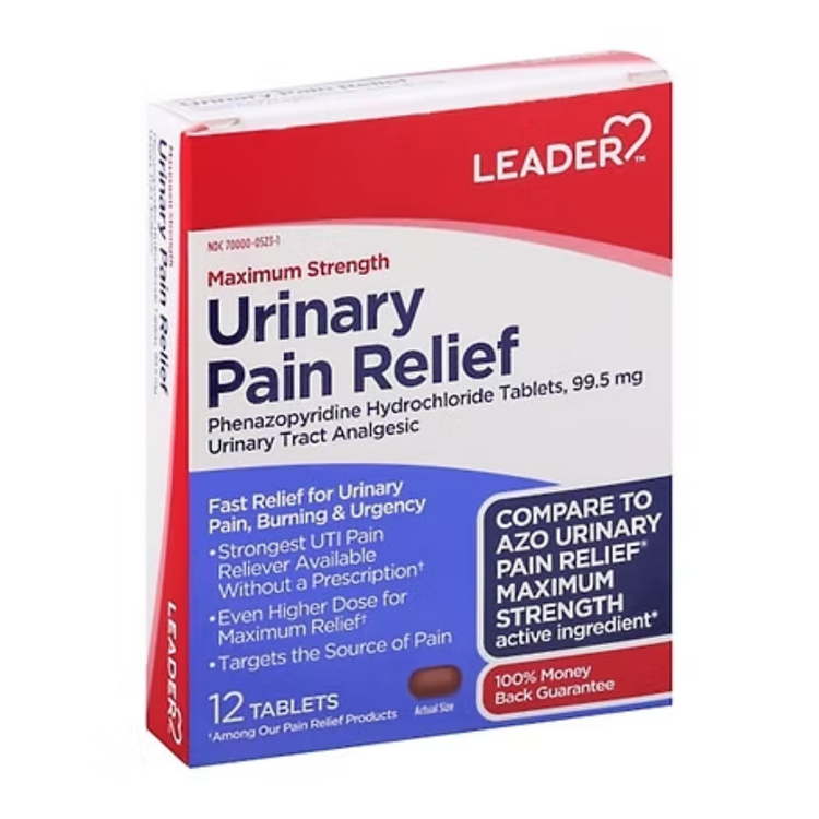 Leader Urinary Pain Relief Maximum Strength primeros auxilios box with 12 tablets, manufactured by Farmacias Savia.