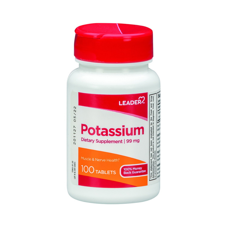 Leader Potassium supplement 99mg, 100 tablets from Farmacias Savia, dietary vitamin and mineral supplement in blister pack.