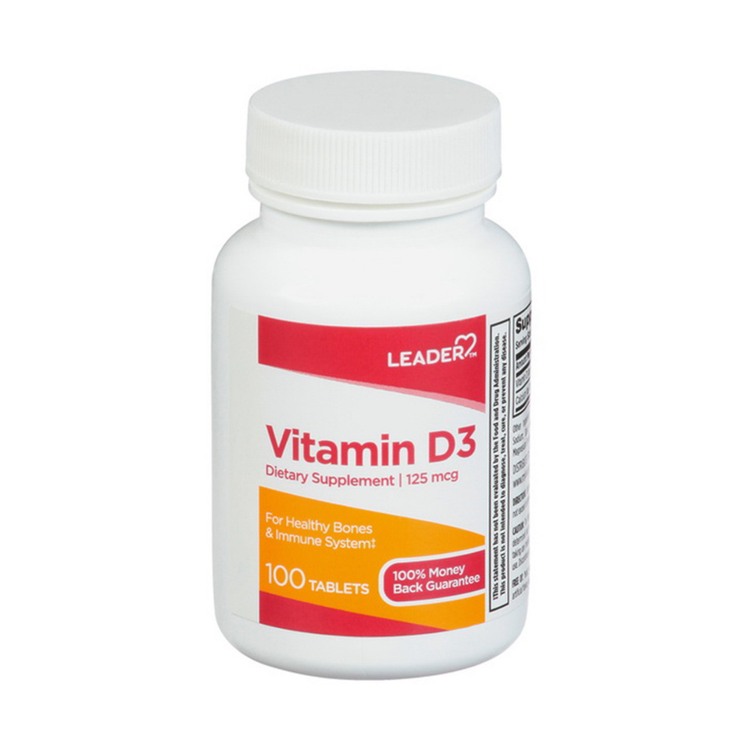 Leader Vitamin D3 supplement bottle with 100 tablets, showing the label and dosage information.