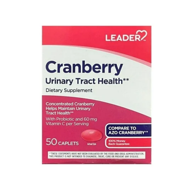 Leader Urinary Tract Health supplement with cranberry, probiotics, and Vitamin C, 50 capsules for urinary support.