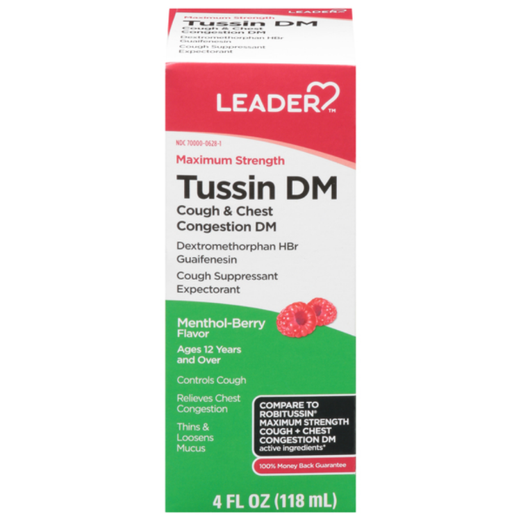 Farmacias Savia Leader Tussin DM Menthol-Berry cough syrup in a 4 oz bottle, used for chest congestion and cough relief.