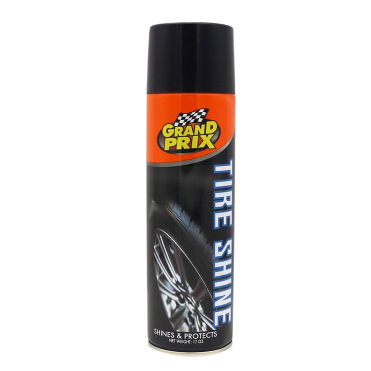 Farmacias Savia Grand Prix Tire Shine High Gloss Protectant Spray in 17oz bottle showing glossy black tires.
