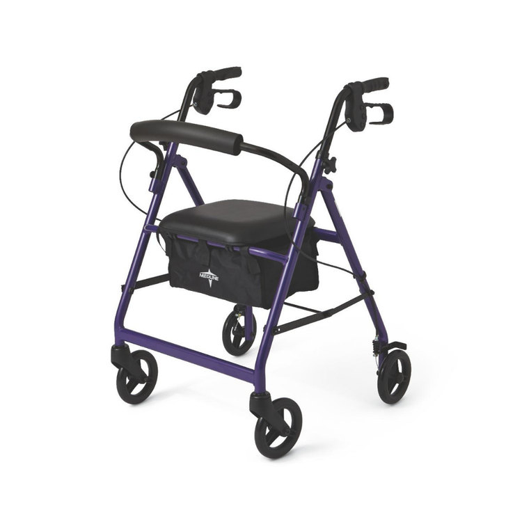 Purple Medline Rollator Walker with seat and wheels, featuring a sturdy frame and comfortable seating for mobility support.