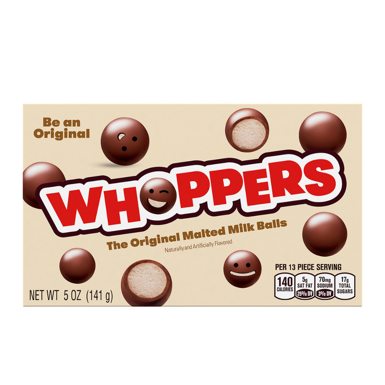 Whoppers The Original Malted Milk Balls in a 5oz theater box, showing the classic chocolate-coated malted candies.
