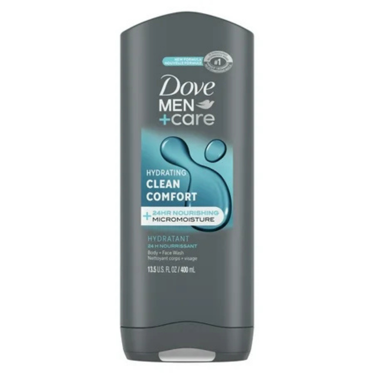 Dove Men+Care Hydrating Clean Comfort body and face wash in a 13.5 oz bottle, designed for gentle cleansing and hydration.