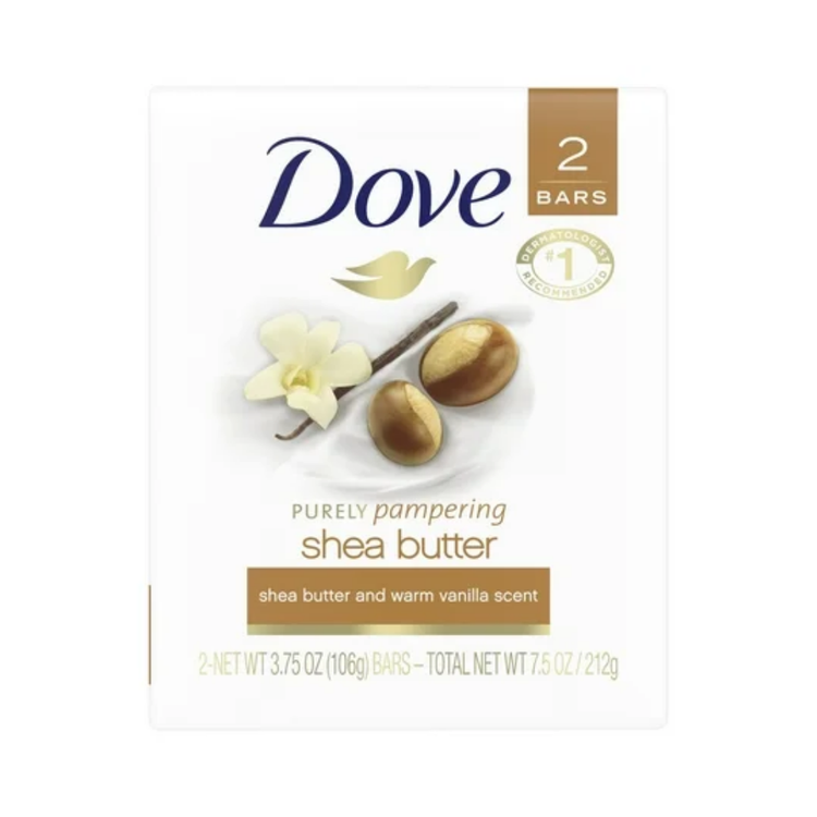 Dove Purely Pampering Shea Butter soap bars, 2 x 3.75 oz, natural soap with shea butter for gentle cleansing.