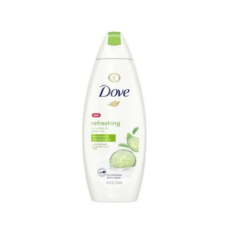 Dove Refreshing Body Wash with cucumber and green tea in 12 oz bottle, moisturizing and revitalizing for the skin.