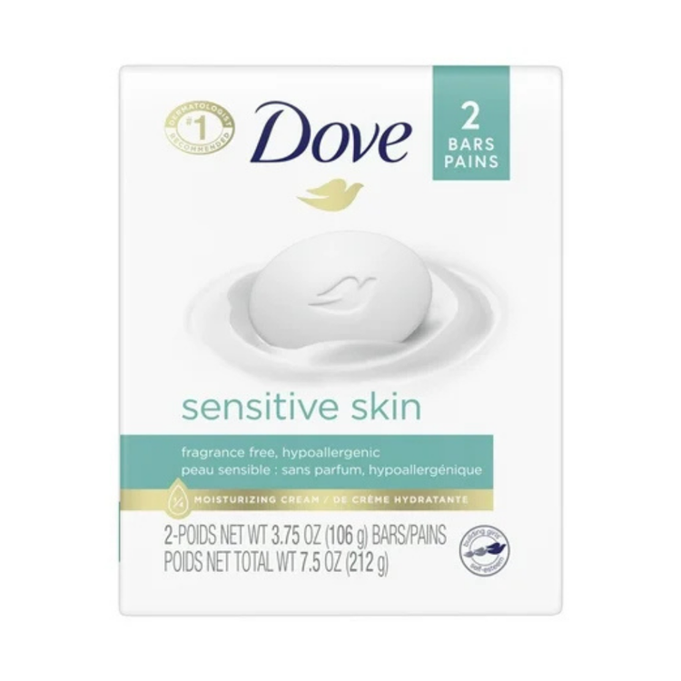 Two bars of Dove Sensitive Skin Soap, 3.75 oz each, gentle cleansing soap for sensitive skin, from Farmacias Savia.
