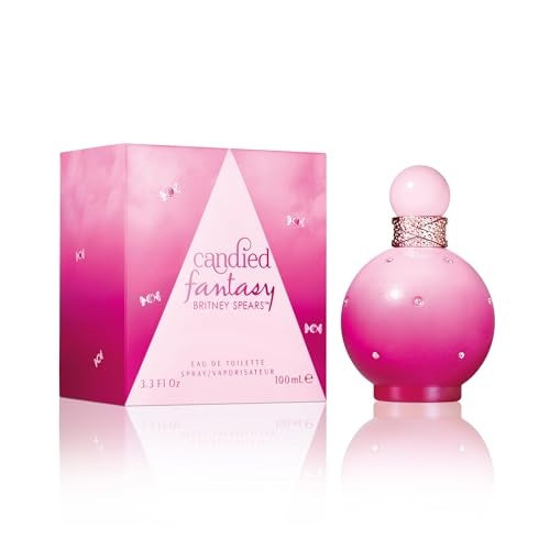 Britney Spears Candied Fantasy perfume spray in 3.3 oz bottle, featuring a colorful, decorative design for women.