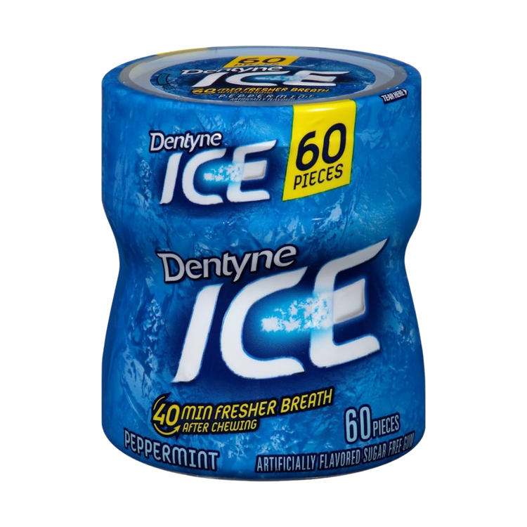Dentyne Ice Peppermint Sugar Free Gum pack with 60 pieces, featuring fresh mint flavor and brand logo on packaging.
