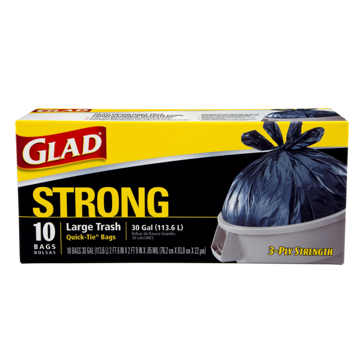 Glad Strong Large Trash Bags 30 Gallon, Farmacias Savia brand, 10-pack, heavy-duty plastic bags with quick-tie closures.