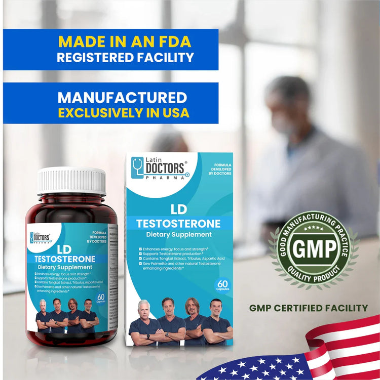 Latin Doctor TESTOSTERONE supplement by Farmacias Savia, 60-count bottle of testosterone capsules on a white background.