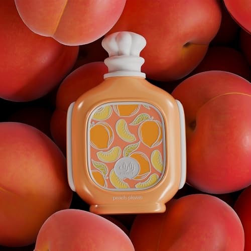 Afnan Zimaya Zukhruf Peach Please EDP spray bottle, 3.4 oz, with peach-colored packaging and spray nozzle.