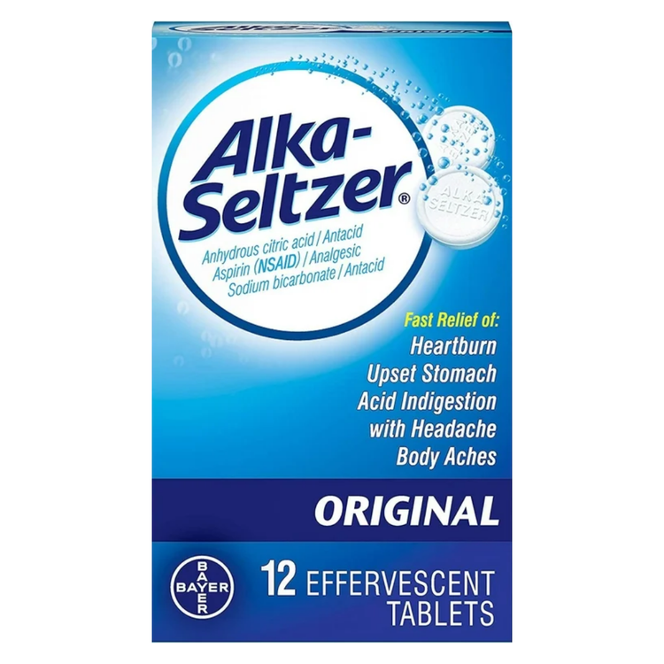 Alka-Seltzer Original effervescent tablets in a 12-count package, used for relief of indigestion and upset stomach.
